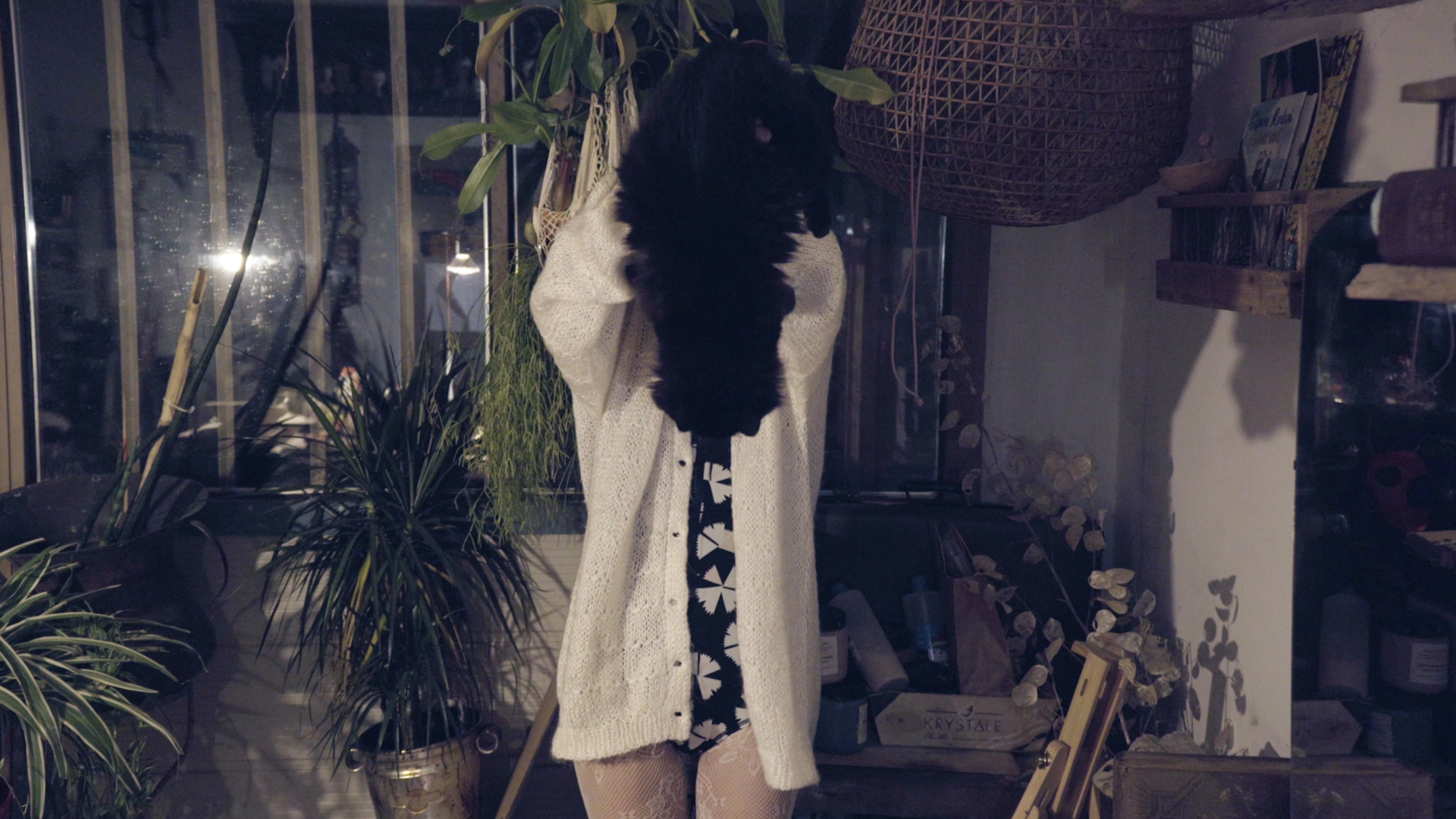 A woman holds a black cat above her head, the cat obscuring her face, in a cluttered room filled with plants