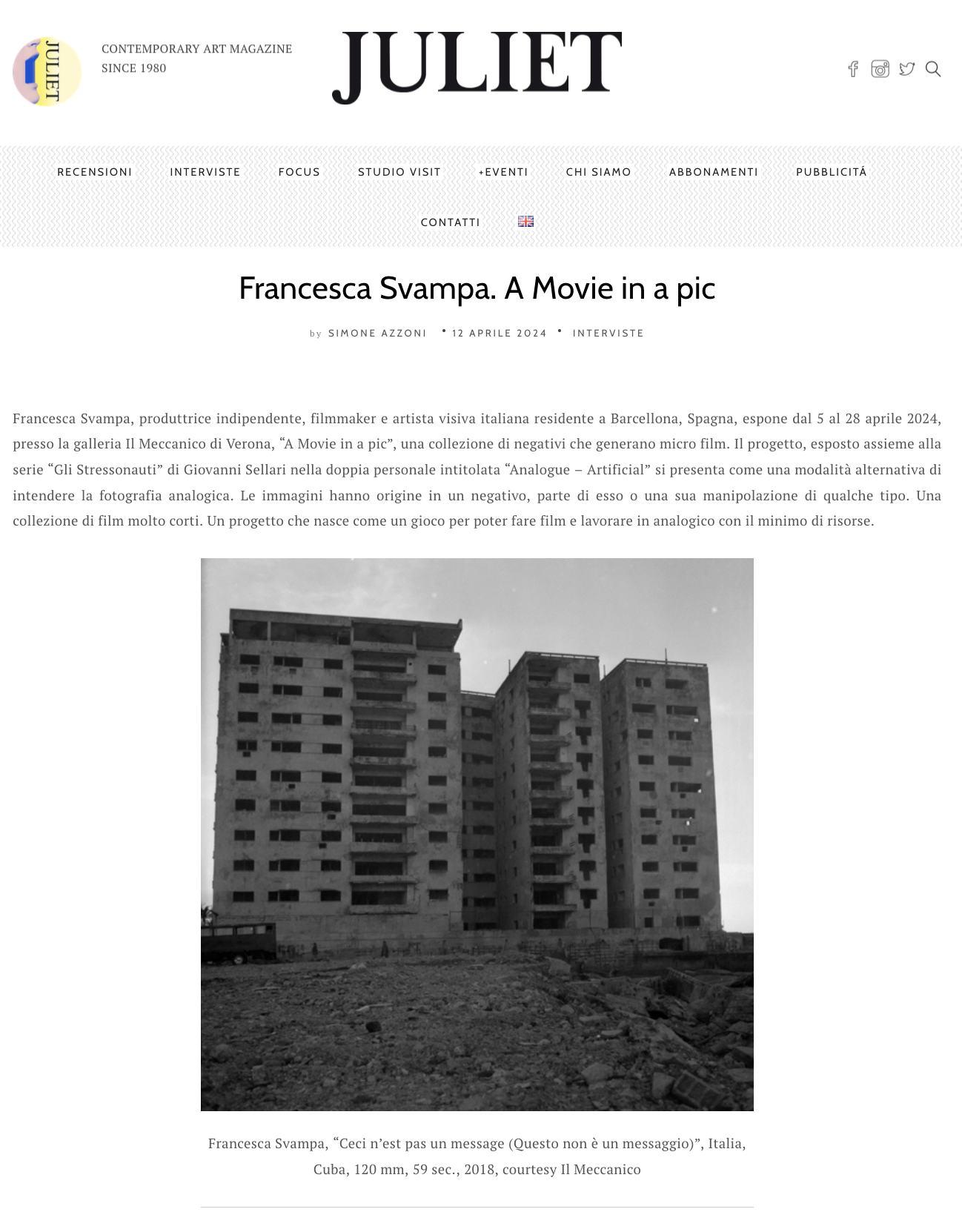 Screenshot of an interview with Francesca Svampa published in Juliet Art Magazine, with the title "Francesca Svampa. A Movie in a Pic"