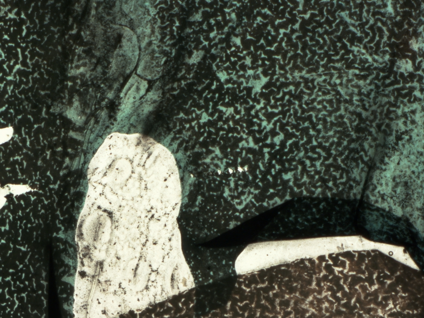 Macro detail: a tear at the center takes the shape of a standing figure, surrounded by turquoise emulsion grain against the transparent support.